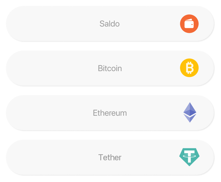 List of payment methods: balance, Bitcoin, Ethereum and Tether.