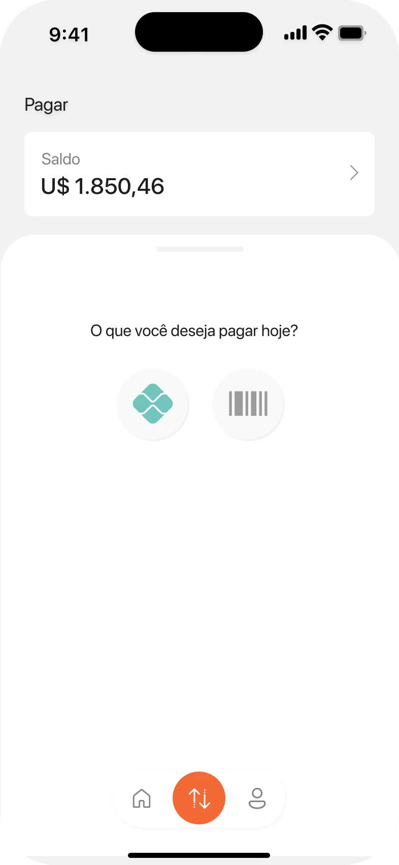 Draft 1: “What do you want to pay today?” with Pix and boleto options.