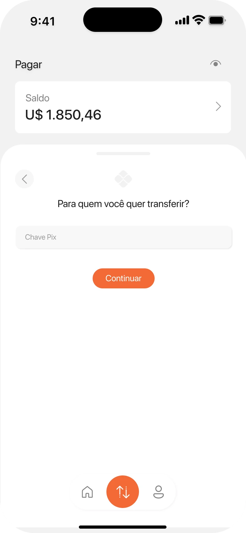 Draft 2: “Who do you want to send to?” with a Pix key field.