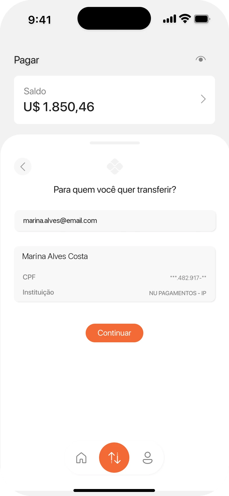 Draft 3: the recipient's name, CPF and bank shown for confirmation.