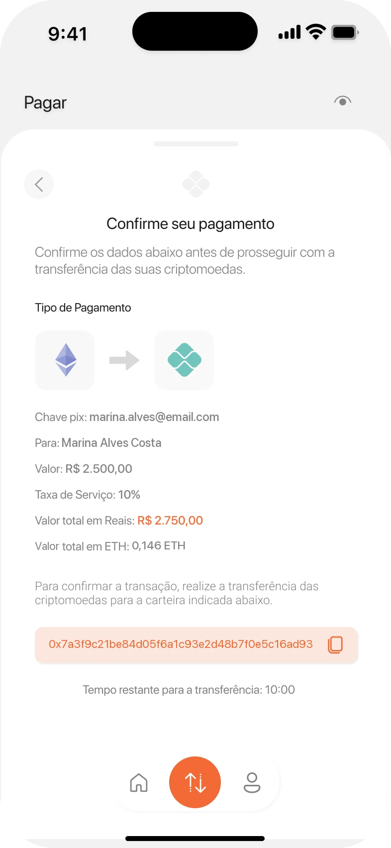 Draft 6: payment confirmation with fee, totals and the wallet address.