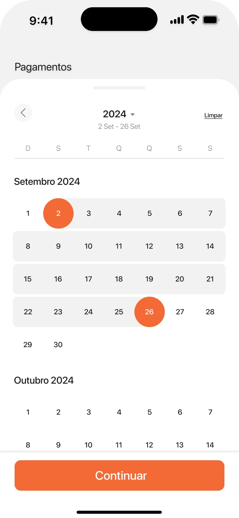 Date range picker: a monthly calendar with a start and end date selected in orange.