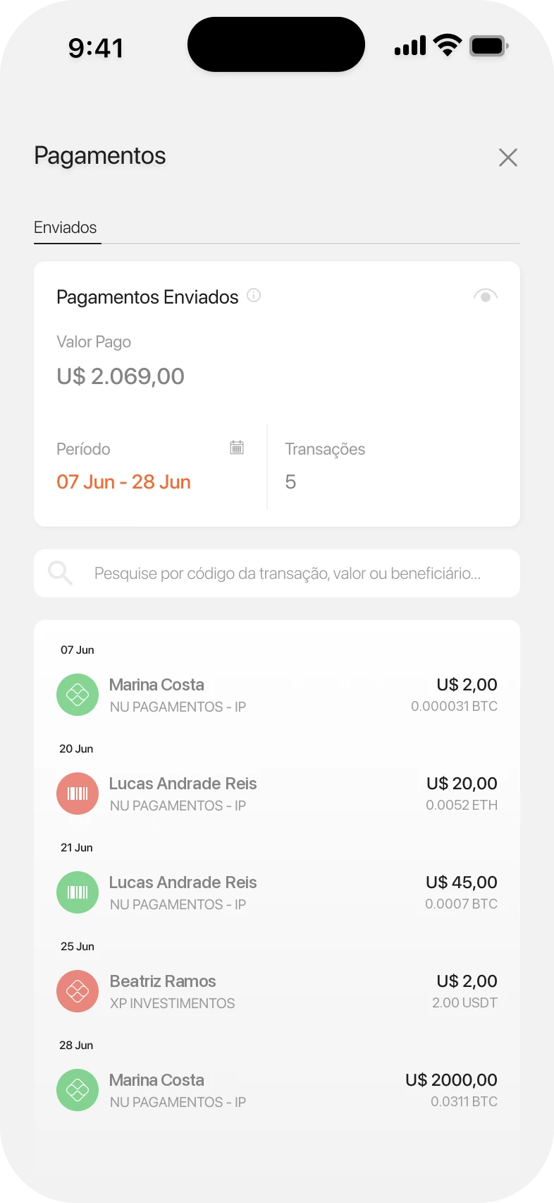 Payment history: total sent in the period, number of transactions, a search field and a list of payments by date.