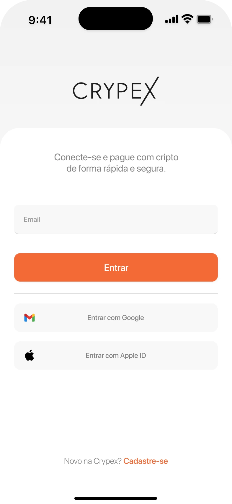 Sign-in: the Crypex logo, “Connect and pay with crypto, fast and safe”, an email field, and Google and Apple sign-in.