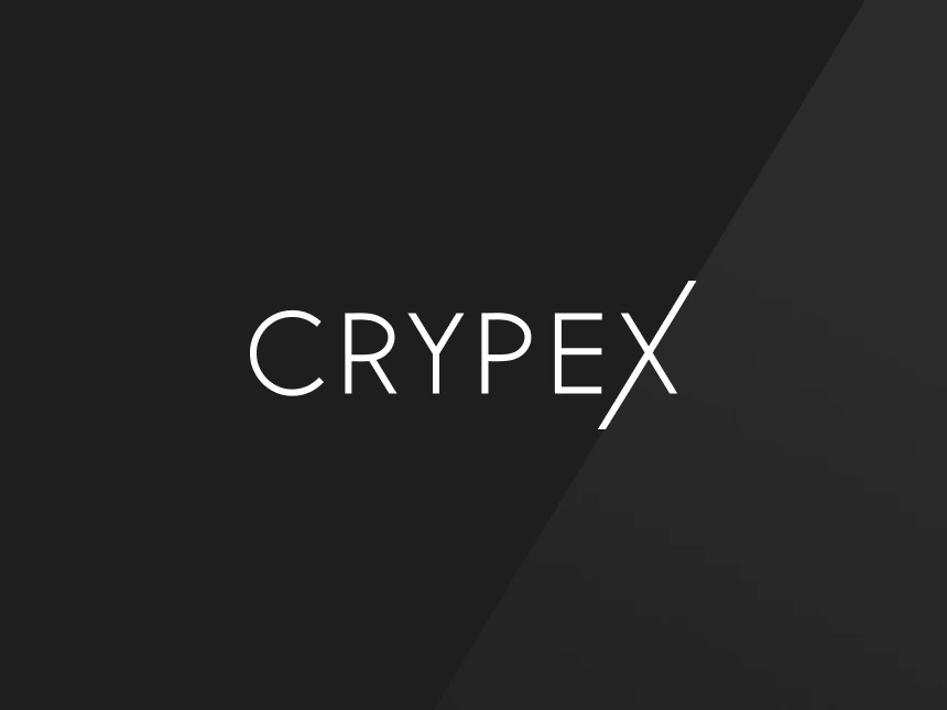 Crypex wordmark in white on black; a diagonal plane of light behind it continues the long stroke of the X.