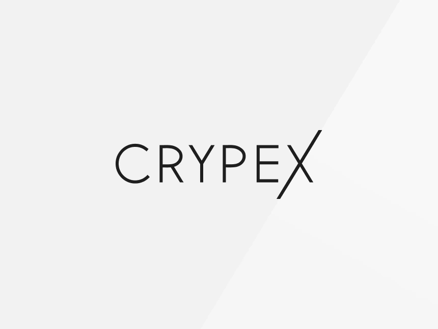 Crypex wordmark in black on light grey, with the same diagonal plane of light along the X.
