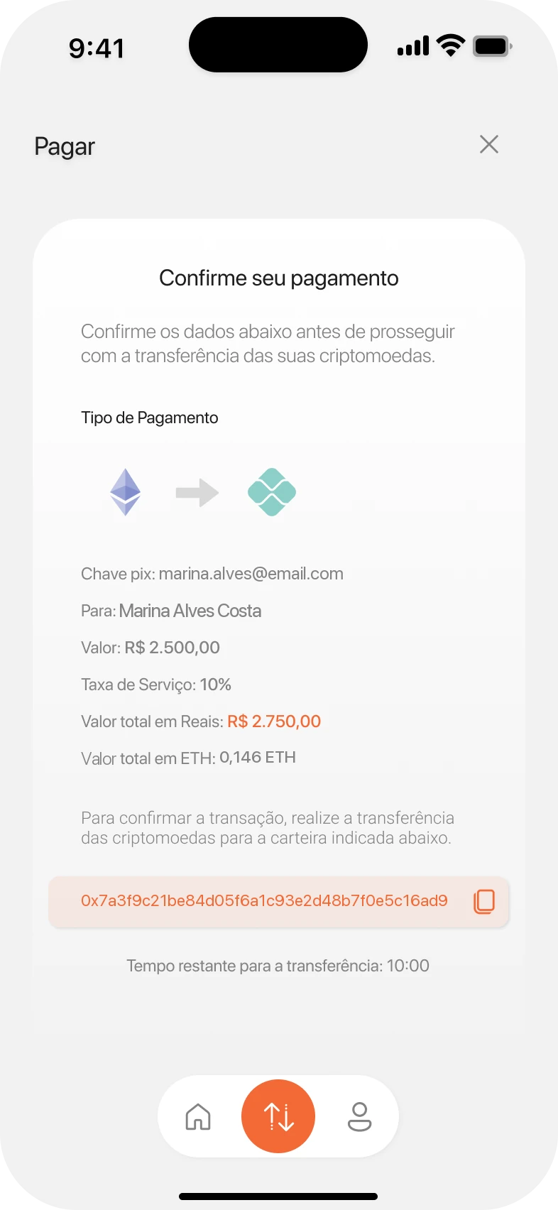Payment review with fee, totals and a ten-minute quote timer.