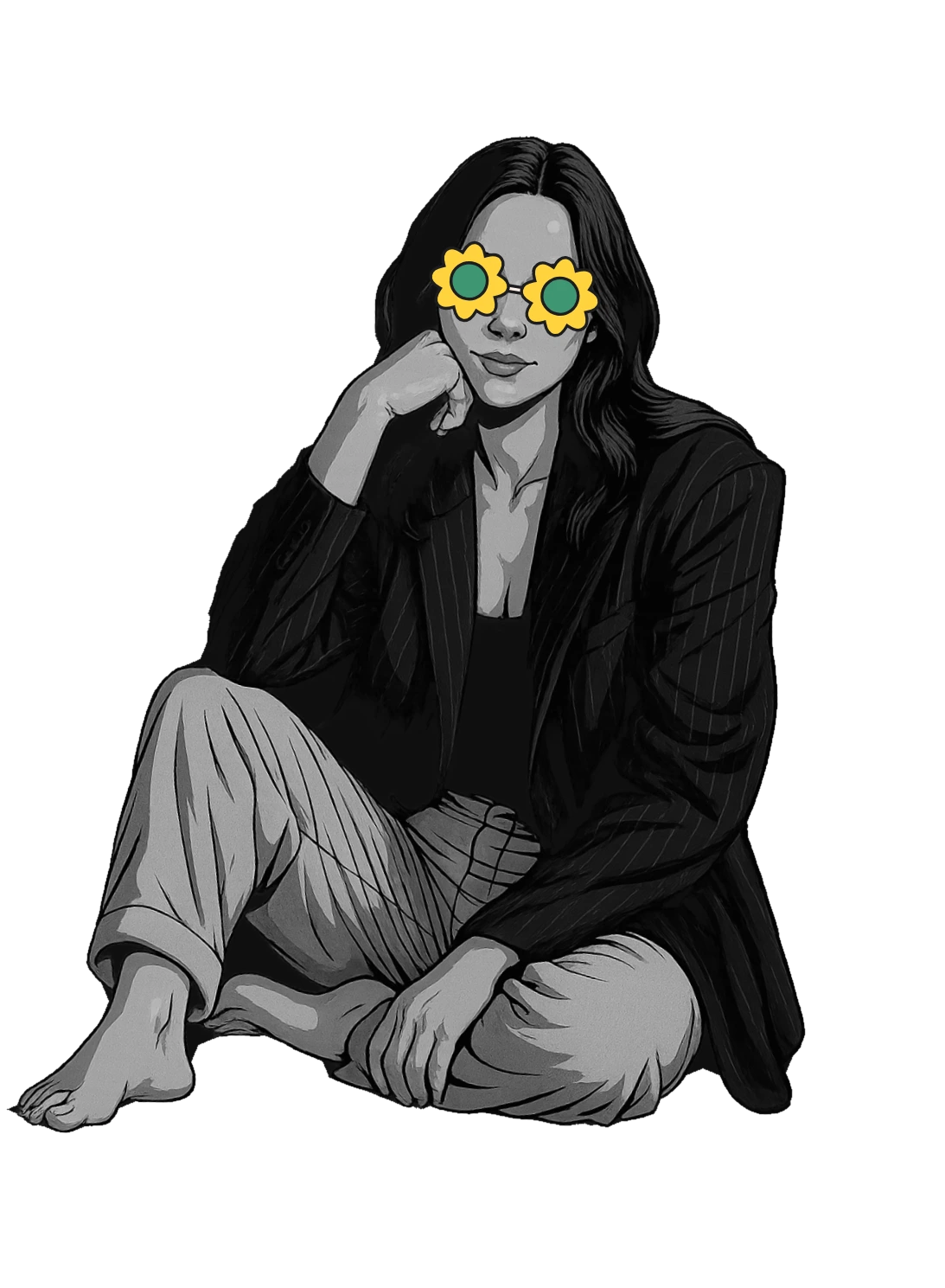 Illustration of Jess sitting on the floor, wearing yellow flower sunglasses
