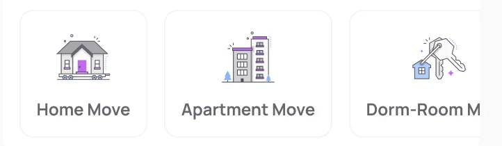 Move type tiles: Home Move, Apartment Move and Dorm-Room Move, each with an illustration.