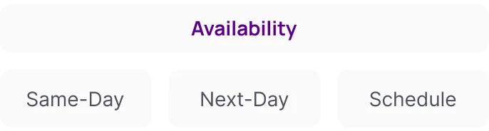 Filter chips under Availability: Same-Day, Next-Day and Schedule.