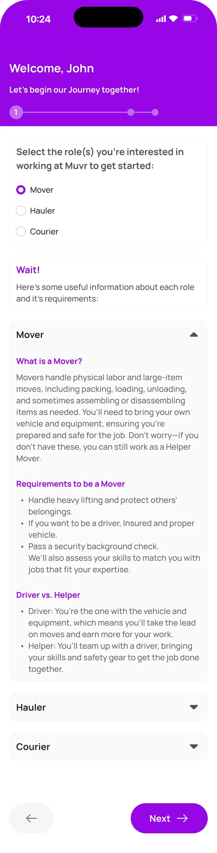 Role selection: Mover, Hauler and Courier, with the Mover card expanded to explain what a mover does, the requirements, and driver versus helper.