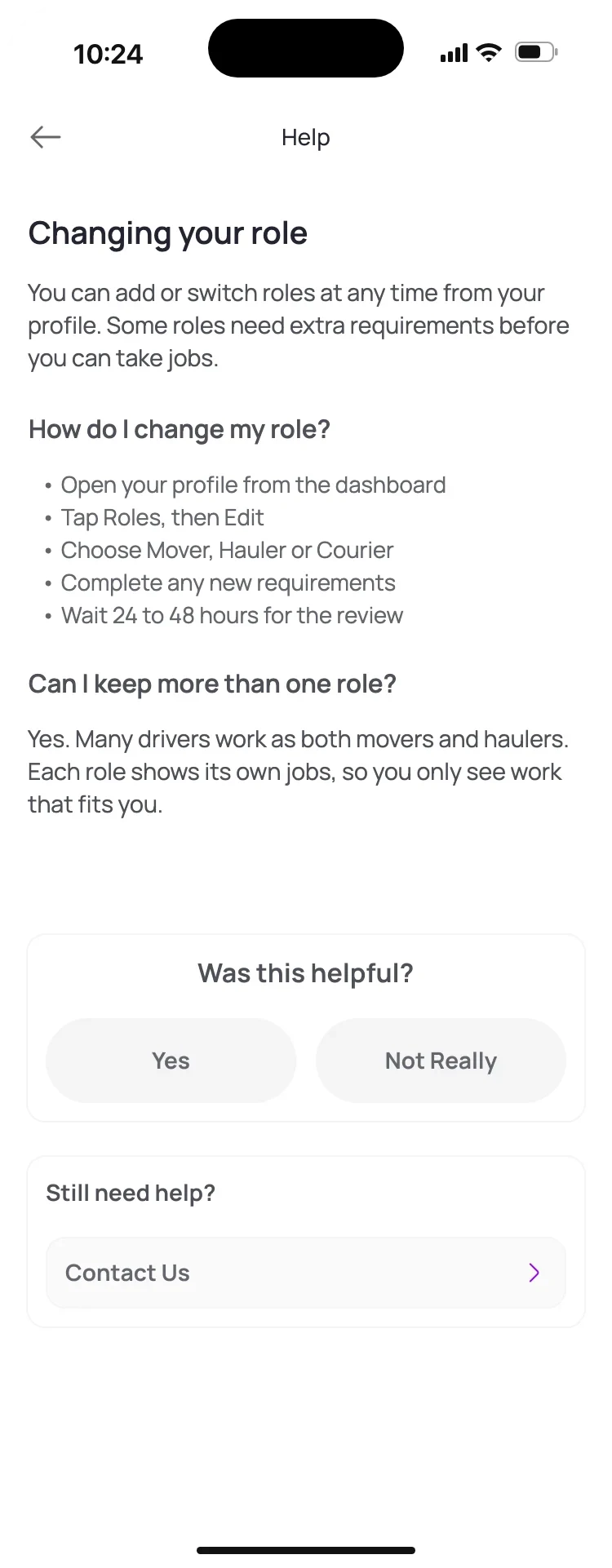 Article: Changing your role, with steps to change it, whether you can keep more than one role, and Was this helpful?