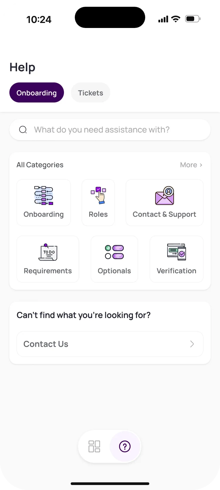 Driver app help centre: onboarding and tickets tabs, search and six illustrated categories.