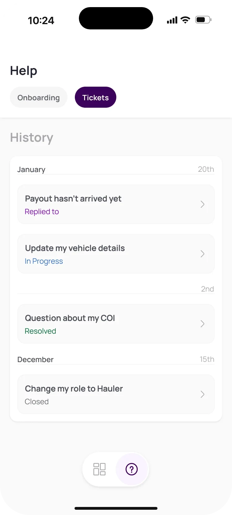 Ticket history grouped by date: payout, vehicle details, a COI question and a role change, each with its status.