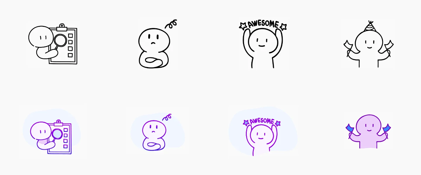 Four line illustrations in black, and below them the same characters in Muvr purple with a soft lilac fill: checking a list, puzzled, cheering “Awesome” and waving flags.