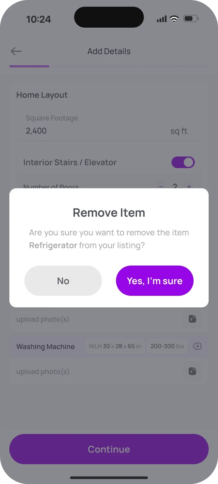 A dialog over the list: Remove Item. Are you sure you want to remove the refrigerator from your listing? No, and Yes, I’m sure.
