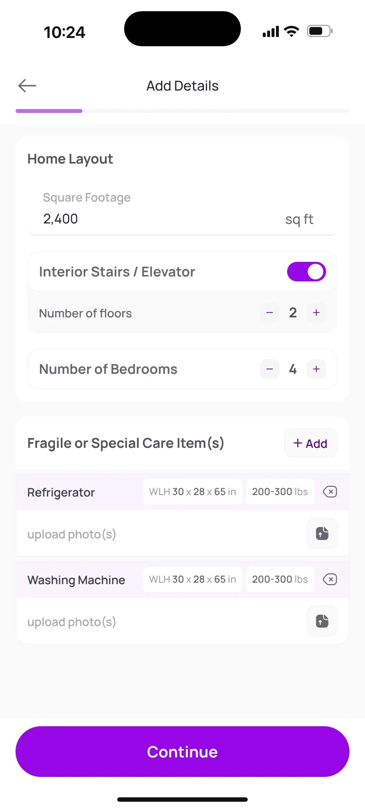 Home layout with two floors and four bedrooms, and two items listed, a refrigerator and a washing machine, each with its size and a 200 to 300 lbs weight range.