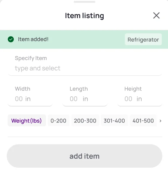 Item sheet after adding: a green Item added! banner and empty fields for the next item.