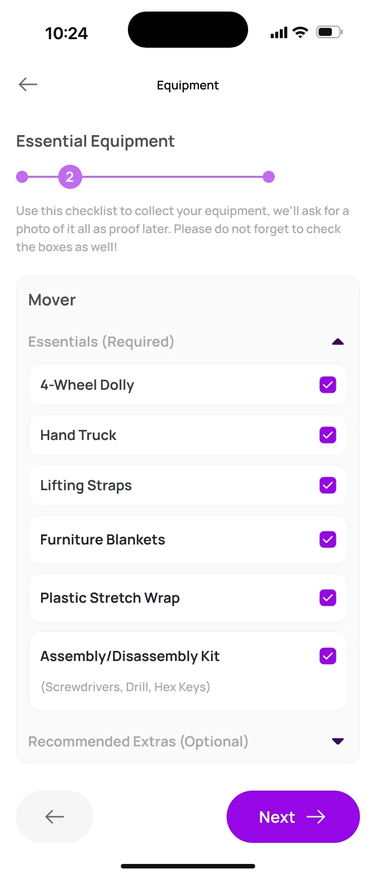 Essential equipment checklist for movers: 4-wheel dolly, hand truck, lifting straps, furniture blankets, stretch wrap and a disassembly kit, all ticked.