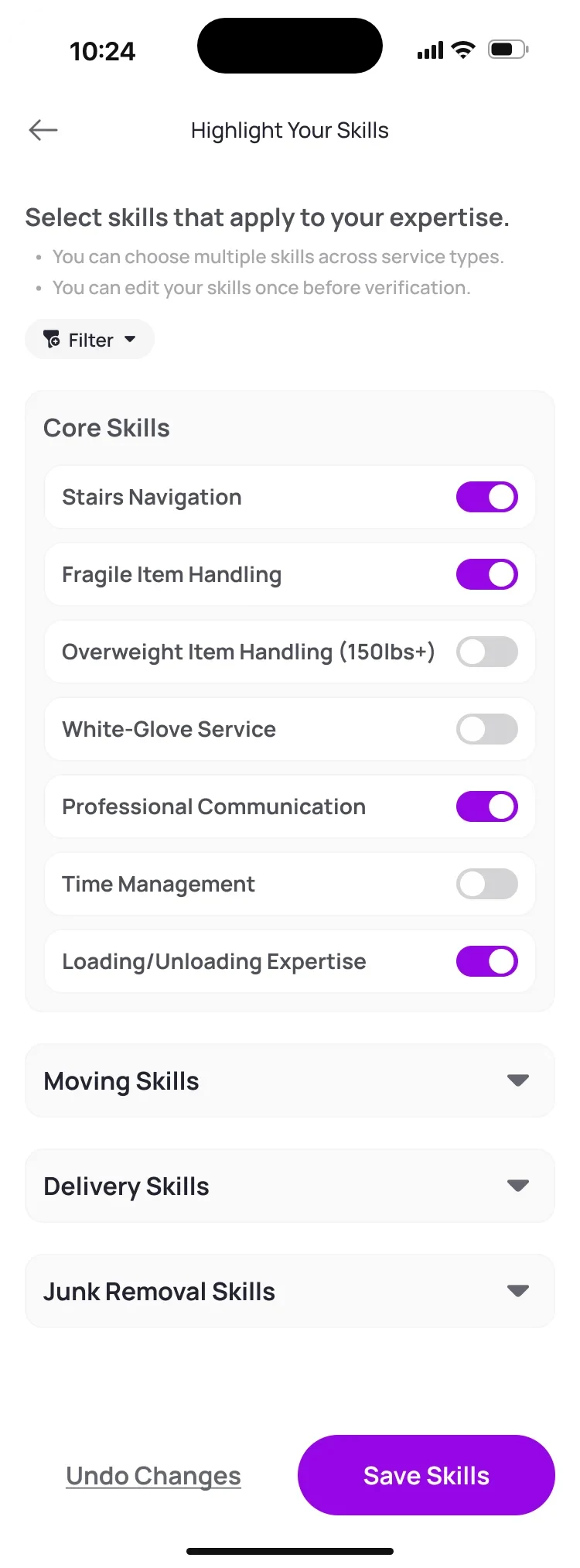 Highlight your skills: core skills as switches, with stairs navigation, fragile items, communication and loading switched on.