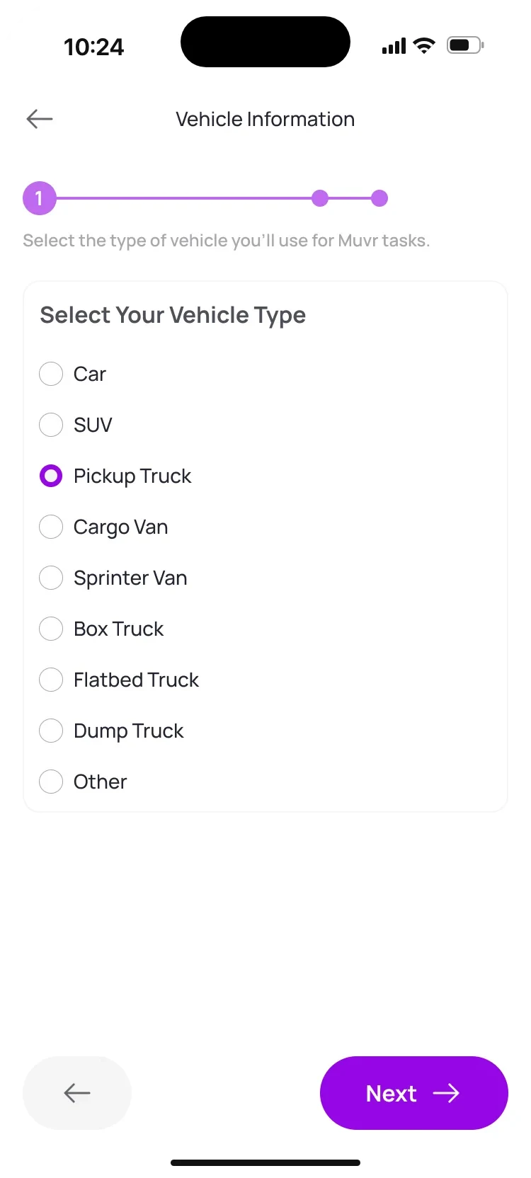 Vehicle information, step one: a list of vehicle types with Pickup Truck selected.