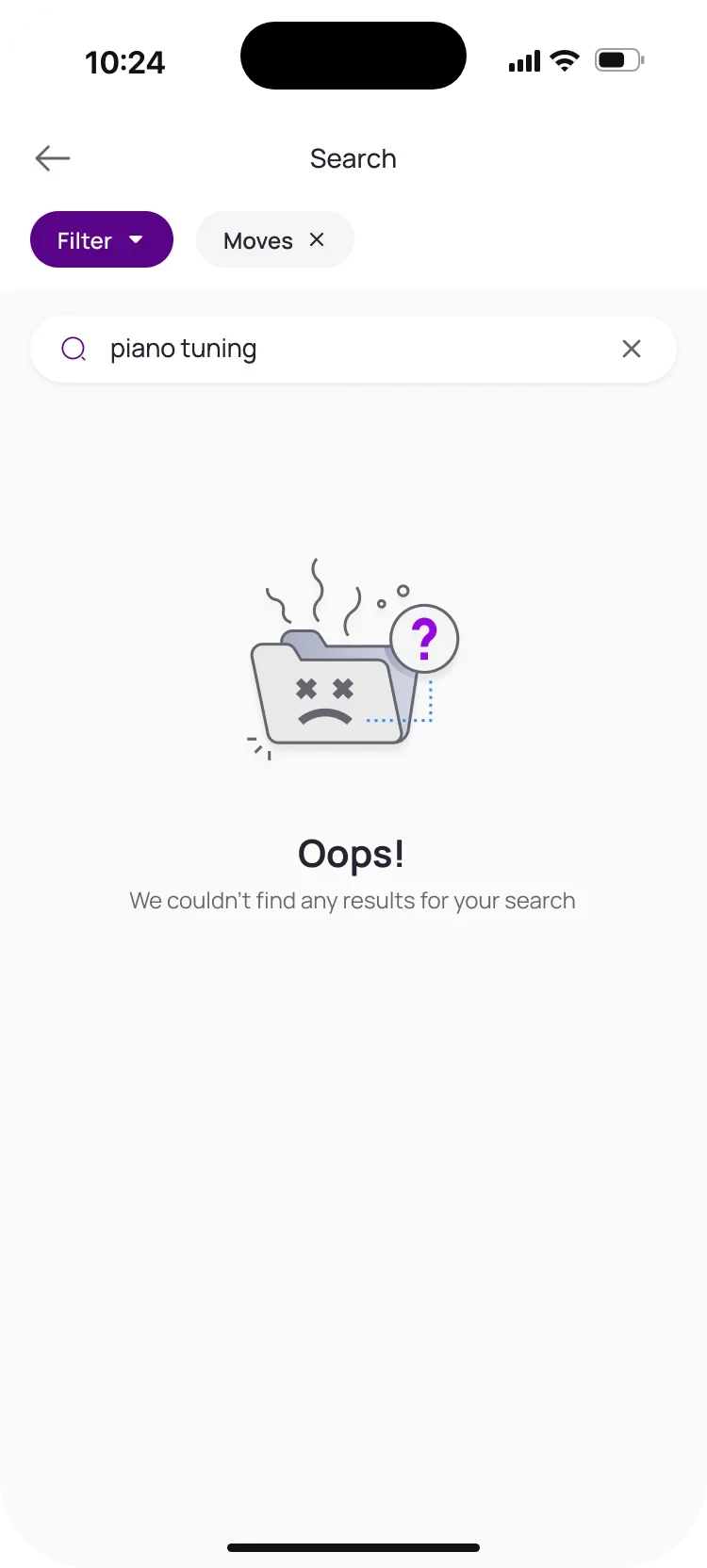 Search with no results: a sad folder illustration, “Oops!” and a short line saying nothing matched.