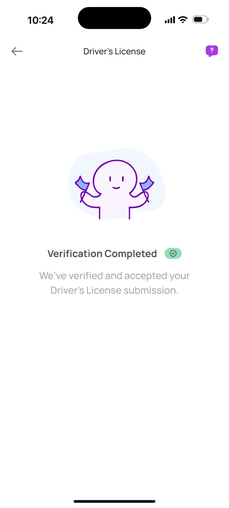 Driver’s licence verified: a character waving flags and Verification Completed with a green badge.